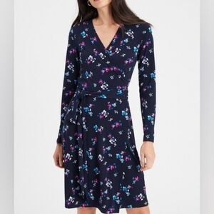 Banana Republic Navy Floral Long Sleeve Tie Front Dress
